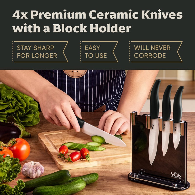 Vos Ceramic Knife Set with Block, Ceramic Knives Set For Kitchen, Ultra Sharp Kitchen Knife Set with Covers, 3" 4" 5" 6" Chef Knife, Utility, Paring & Versatile, Lightweight, Dishwasher safe (Black) - Image 2